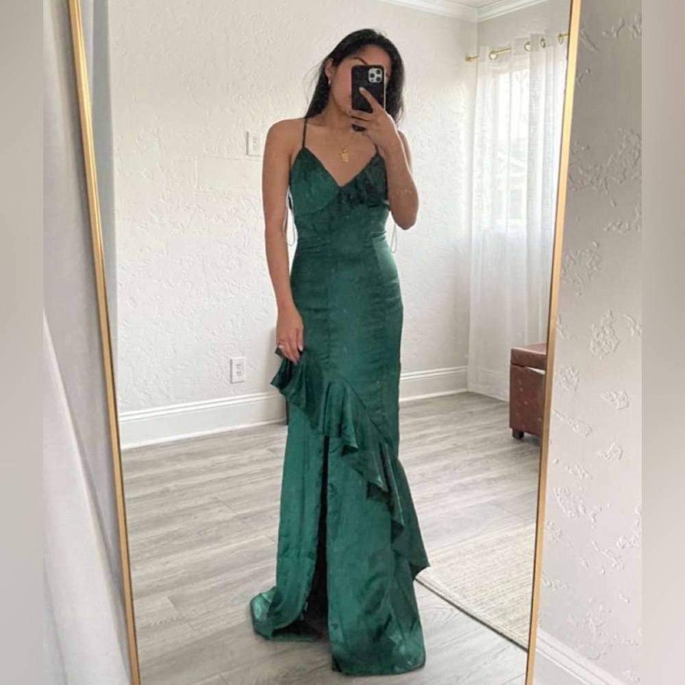 SOLD OUT Lucky Lady Hunter Green Satin Ruffled Maxi Dress - Picture 7 of 12